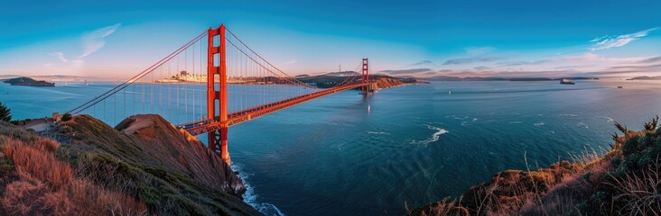 Obraz premium Golden Gate Bridge at Sunset with Vibrant Hues
