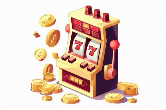 D illustration of a slot machine with flying golden coins