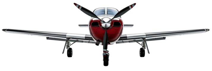 Modern red and white airplane front view. Detailed view of aircraft's propeller and nose.
