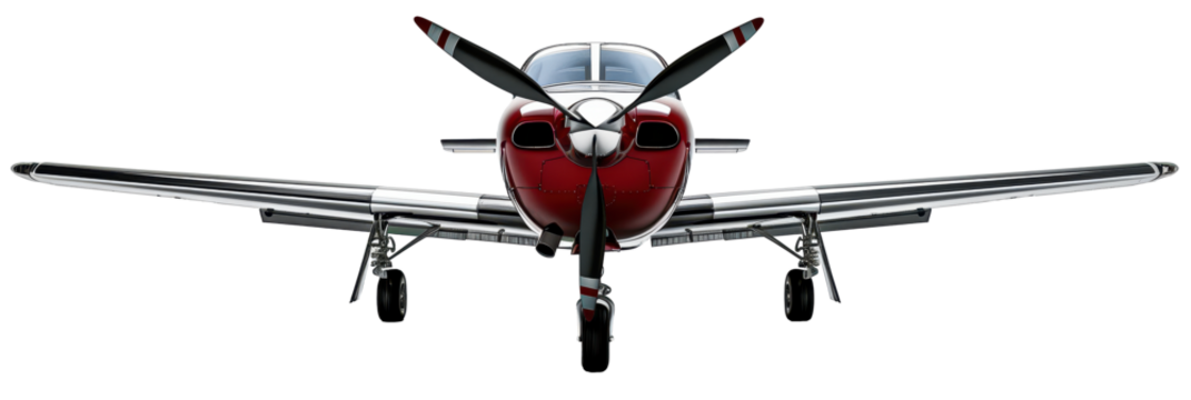 Modern red and white airplane front view. Detailed view of aircraft's propeller and nose.