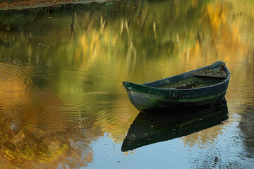 Fototapeta premium A small boat sits in a lake with a reflection of the trees in the water, generative ai image.