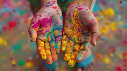 Child in paint showing palms , happy holi indian concept