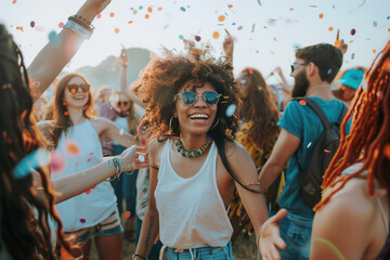 A woman with a big smile on her face is surrounded by a group of people, generative ai image.