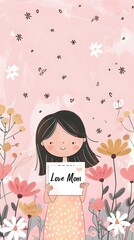 A smiling girl with black hair holds a "Love Mom" sign. She's surrounded by illustrated flowers and delicate designs on a soft pink background.