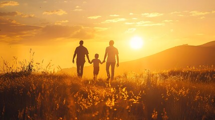 Silhouette of happy family walking in the meadow at sunset - Mother, father and child son having fun outdoors enjoying time together - Family, love, mental health and happy lifestyle concept