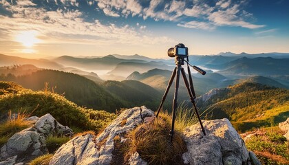 camera tripod capturing the sunset in the mountains