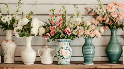 Fototapeta premium Beautiful floral arrangements in vintage vases displayed on wooden shelf against white rustic wall background.