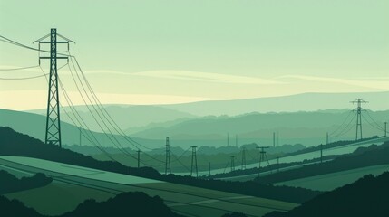 Fototapeta premium Green rolling hills with electricity pylons