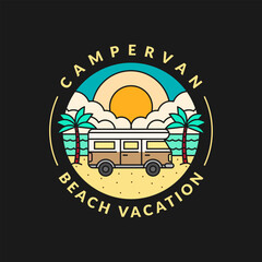 beach and campervan line art vector illustration