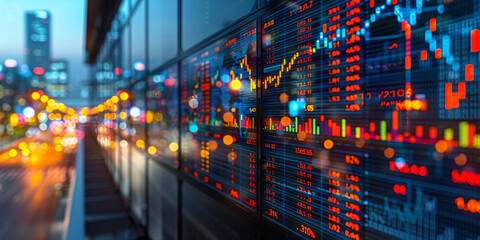 Creative growing forex chart on blue bokeh grid background. Trade, money, finance and success concept. 3D Rendering.
