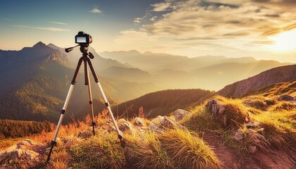 camera tripod capturing the sunset in the mountains