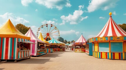 Bright and colorful carnival with striped tents, Ferris wheel, and clear blue sky. Festive atmosphere perfect for a fun day out.