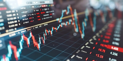 Creative growing forex chart on blue bokeh grid background. Trade, money, finance and success concept. 3D Rendering.