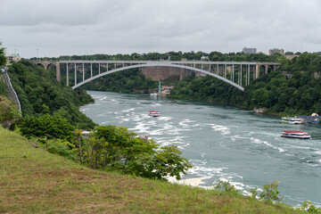 Panorama scenic view of Niagara Falls with Rainbow bridge