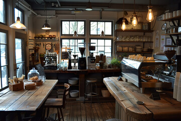 A cozy coffee shop with wooden tables and chairs,, generative ai image