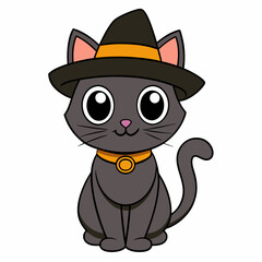 cute cartoon Halloween black cat  in hat vector art illustration