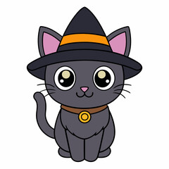 cute cartoon Halloween black cat  in hat vector art illustration