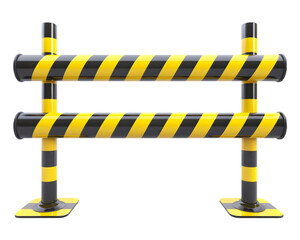 Yellow and black caution stripes on a metal barrier on transparent background