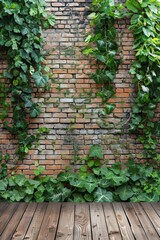 Brick wall with green ivy and wooden floor