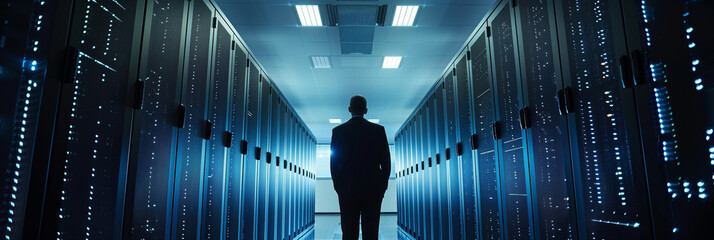 A Lone Figure Walks Through the Server Room, Guiding the Flow of Data