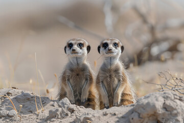 Fototapeta premium Two Meerkats Guarding Their Burrow in National Park