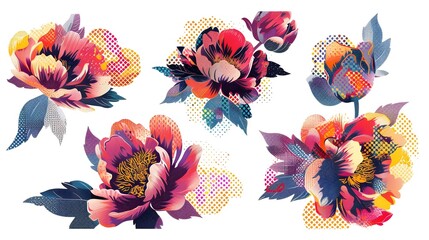 Colorful halftone collage set of peony flowers