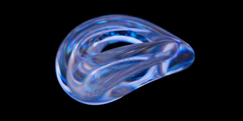 3d crystal glass abstract shape with refraction and holographic effect isolated on black background. 3d render illustration