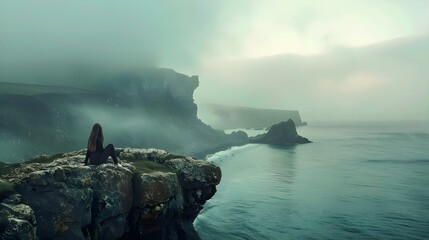 Serene woman on coastal cliff overlooking ocean