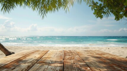 Fototapeta premium A simple wooden table sits on a beach with a blurred background. The table is blank, ready to display products or be used as an ad for traveling.