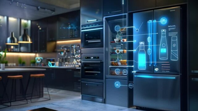 Sleek black refrigerator in modern kitchen displays futuristic digital interface with inventory of food items like milk and offers smart features.