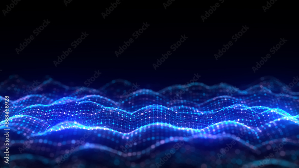 Aufkleber Music color wave of particles and lines. Big data visualization. Abstract blue background with a dynamic wave. 3d rendering.