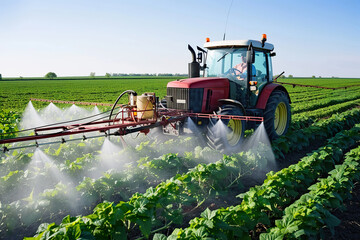 Fototapeta premium A man is driving a tractor spraying a field with pesticides