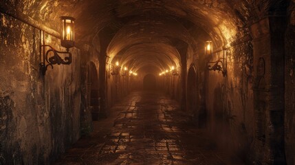 Obraz premium Dark and eerie underground tunnel or dungeon with glowing lanterns, creating a spooky and mysterious atmosphere. Concept for horror, Halloween, history, or fantasy.