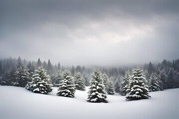 Obraz premium Snow-Covered Forest in Winter, Serene winter landscape of snow-covered trees and bushes