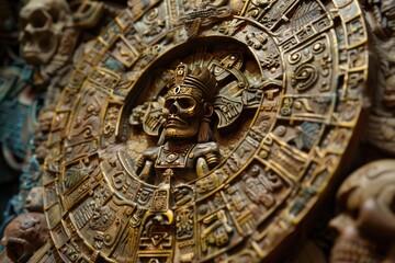 Obraz premium Aztec Calendar Stone with a Golden Skull Relief
