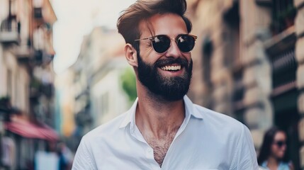 Fototapeta premium A stylish young man with a beard and sunglasses smiles while standing on a street, wearing a white shirt.
