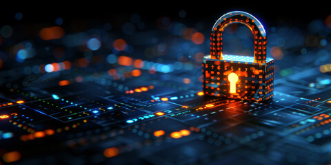 Creative digital polygonal closed padlock hologram on blue background with mock up place. Safety, protection and security concept. 3D Rendering.