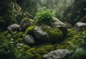 Fototapeta premium Large rocks with overgrown foliage and moss plants and foliage around green nature isolated on trans