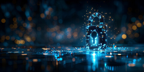Creative digital polygonal closed padlock hologram on blue background with mock up place. Safety, protection and security concept. 3D Rendering.