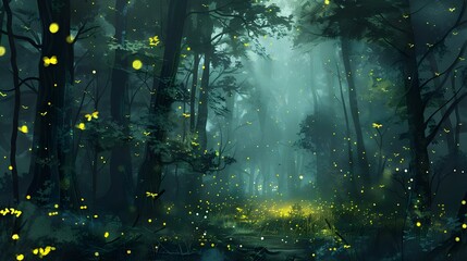 Obraz premium Darkened forest with fireflies and their ethereal glow