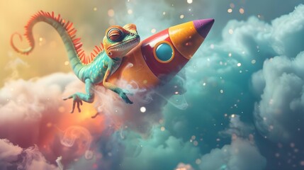 Cute lizard on rocket in colorful fog