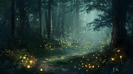 Obraz premium Darkened forest with fireflies emitting ethereal glow