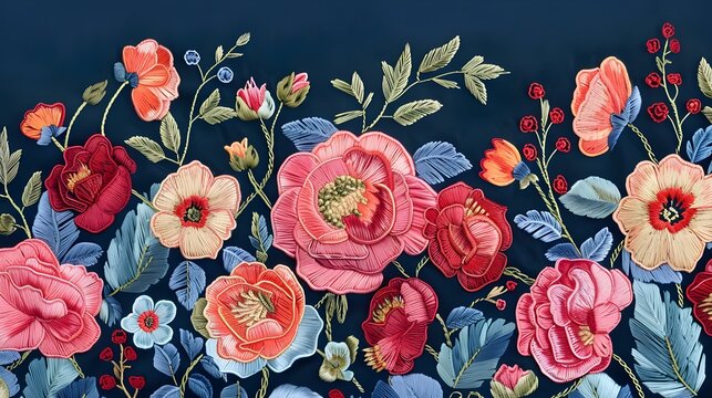 Embroidered artwork of cute flowers in handmade colors