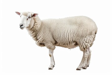 Fototapeta premium Portrait of a sheep with white coat, standing in profile on white background.