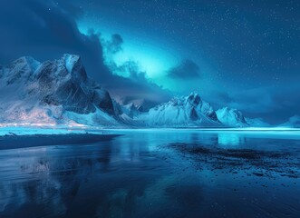 Fototapeta premium Nighttime View of Snow-Covered Mountains with Aurora Borealis