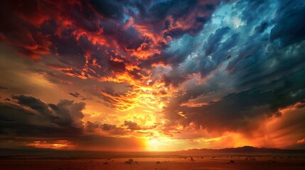 Sunset over the desert with dramatic storm clouds