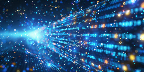 Naklejka premium Creative blue hexagonal background with binary code. Technology, design and landing page concept. 3D Rendering.