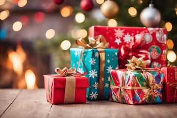 Stack of Christmas Gifts with Red Ribbons, Beautifully wrapped Christmas presents with red ribbons and festive wrapping paper