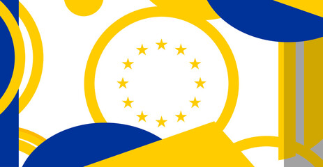 creative abstract background as the colors of the flag of the European Union, EU, blue and yellow, rings and circles, geometric shapes of diversity and creativity of cohesion and union