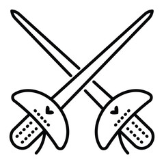 Black line fencing pictogram. Vector monochrome illustration of crossed epee, editable stroke